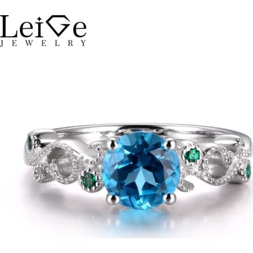 LeiGe Jewelry Genuine Swiss Blue Topaz Rings Anniversary Rings Round Cut Blue Gems November Birthstone Real 925 Sterling Silver