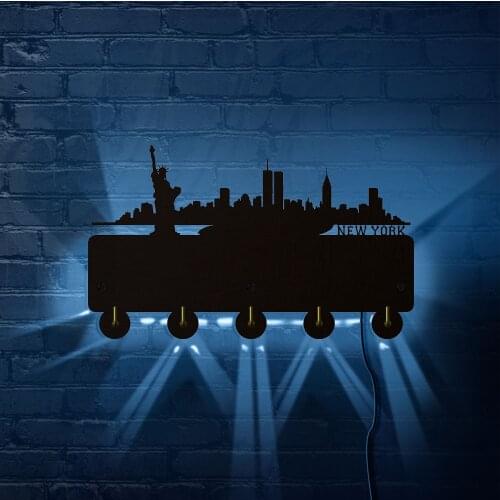 Vintage New York City LED backlight Wall Mounted Hook Home Door US Skyline Wall Decor Clothes Hanger Storage Key Bag Umbrella