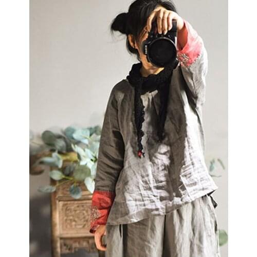 Johnature Fashion Retro Patchwork O-neck Long Sleeve Cotton Linen Shirt 2021 Autumn New Leisure Loose Plus Size Women Tops Shirt