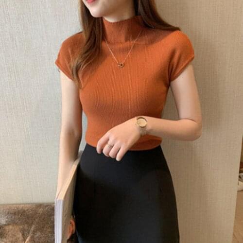 Summer Hot Sales Knitting Acrylic Short Sleeves Women Sweater High Collar Pure Color Slim-Fit Korean Style Casual Sweater