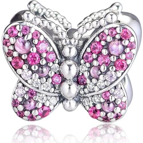 Fits Pandora Bracelet Authentic 925 Sterling Silver Dazzling Pink Butterfly Charm Beads for Women Jewelry DIY Making Party Gift