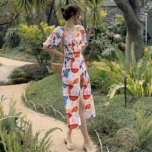 Fashion Summer Korean Casual Streetwear Midi Dress Ladies Elegant Robe Retro Square Collar Puff Sleeve Boho Beach Vacation Dress
