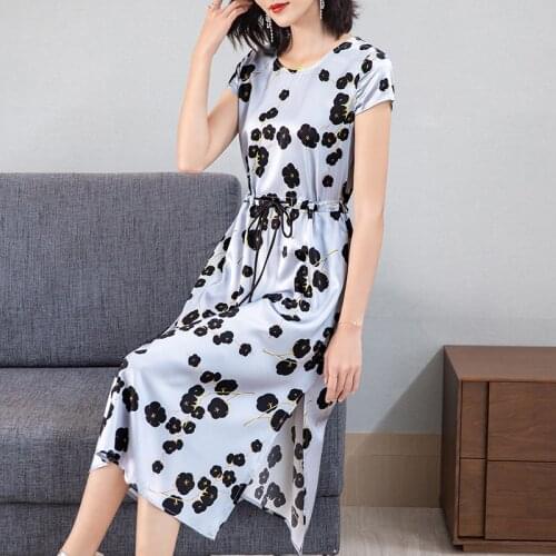Summer Vintage Blue Casual Print Mulberry Silk Dress 2021 Women Loose 2XL Plus Size Elegant Midi Sundress Bodycon Party Vestidos