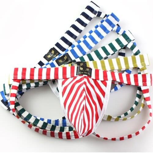 5PCS Tight Men Underwear Thong Jockstrap Cotton Breathable Striped Jock Strap Homme Slip Erotic G-String Homens Gay Penis Pouch