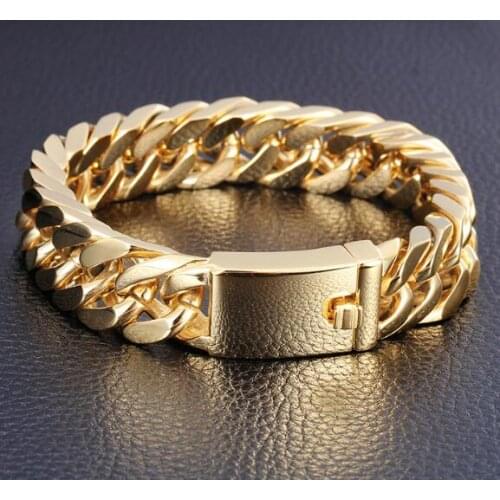 8.5 inch (21.5cm) Fashion 14mm Gold Stainless Steel Bracelet Double Link curb chain bracelet jewelry for mens holiday gifts 95g