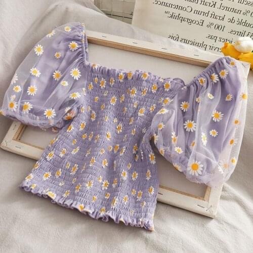 Abrini Women Purple Off Shoulder Tops Chiffon Elastic Waist Pleated Floral Printed Cute Crop Tops Puff Sleeve Blouse 2021 Summer