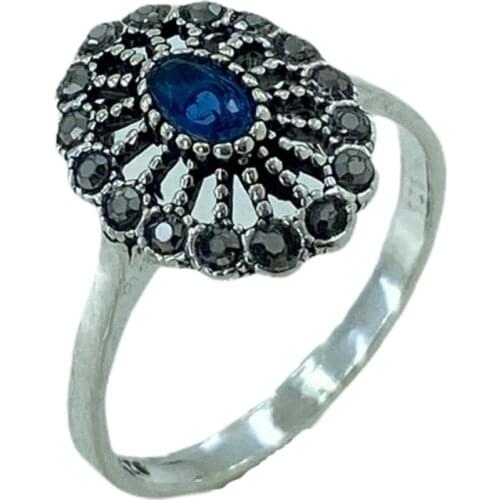 Authentic Marcasite Tiny Sapphire Gemstone 925 Sterling Silver Ring