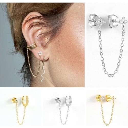 CANNER 925 Sterling Silver Earrings Petals/Stars with Crystal Delicate Jewelry Chain Stud Earrings For Women Anniversary Gift