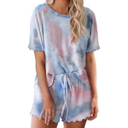Short Suits Women Short Sleeve T-shirt Drawstring Lacing Shorts Tie Dye Homewear Set Outfits Womens Clothing 2021