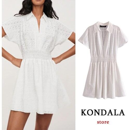 KONDALA Za 2021 Women Chic White V Neck Mini Shirt Dress Short Sleeve Ruffles Pleated Dress Elegant A-Line Mujer Vestidos