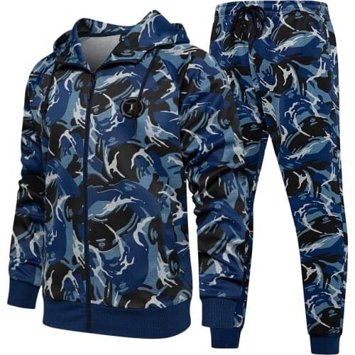 Camo Men Tracksuit Hooded Outerwear Hoodie Set 2 Pieces Autumn Sporting Mens Set Camouflage Sweatshirts Jacket+Pants Track Suit