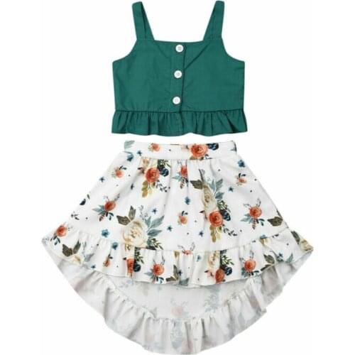 Summer Holiday Toddler Baby Girl Kid Outfit Clothes Set Sleeveless Green Tops Tank+Floral Skirt Beach Sets 1-5Y