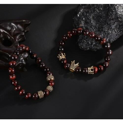Micro Inset Zircon Crown Ball Alloy Accessories Jewelry 2/Set Charm Red Tiger Eye Stone Women Men Beads Bracelet Bangle