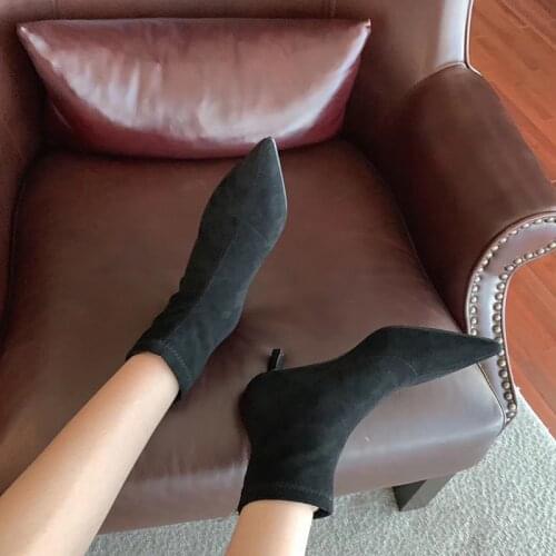 Fashion Women Sock Boots Pointed Toe Thin Mid Heels Short Boots Back Zipper Flock Design Short Plush Warm Winter Booties 35-39