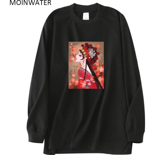 MOINWATER 2021 New Peking Opera Printed Female Long Sleeve T-shirts Women Fashion Thick 100% Cotton Autumn Tees Tops MLT2124