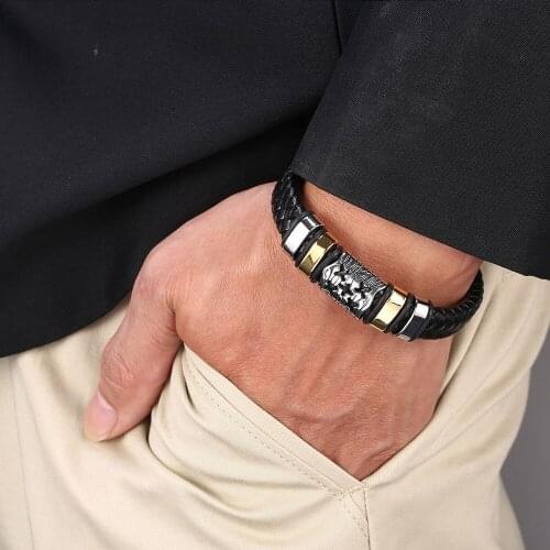 Men Genuine Leather Bracelet&Bangle Stainless Steel Charm Magnetic Bangle Hand-woven Bracelet Personality Gift BB0968