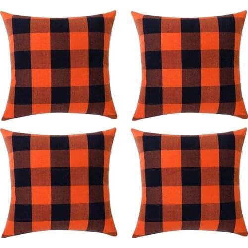 Halloween Fall Plaid Throw Pillow Covers Set of 4 Farmhouse Decorative Square Pillow Cover Cushion Pillowcase 18X18 Inch