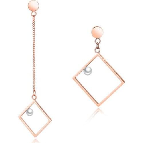 Stainless Steel Rose Gold Pearl Geometric Square Women Delicate Drop Earrings Jewelry Gift For Him
