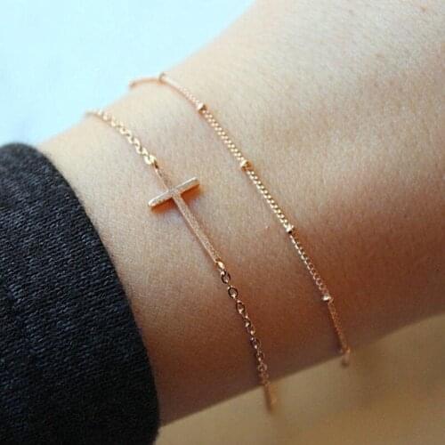 New fashion trend ladies stainless steel double round bead cross pendant adjustable bracelet lucky gift friendship jewelry