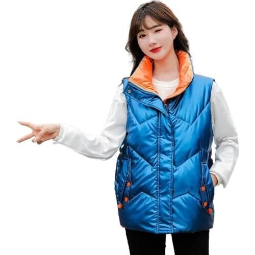 Autumn Winter Womens Solid Glossy Vest Stand Collar Short Cotton Padded Waistcoat Bright Female Sleeveless Puffer Vest Jacket