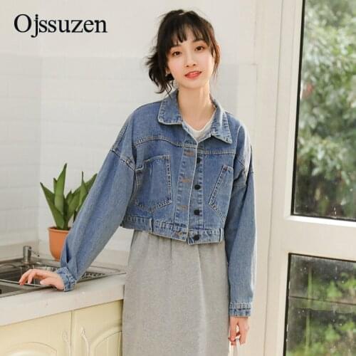 Drawstring Autumn With Pocket Cropped Jacket Womens Denim Coats Lace Up Short Female Loose Jacket Korean Outerwear Ladies Blue