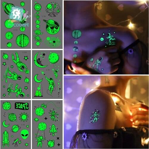 Rocooart Glowing in the Dark Tattoo Sticker Cartoon Space Moon Astronaut Luminous Temporary Tattoo Fake Taty For Boy Children