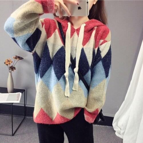 Fashion V-neck Knitted Sweaters Female Hooded Loose Patchwork Jumper Tops Spring Autumn Ladies Sweet Pullovers Sweater FP1416