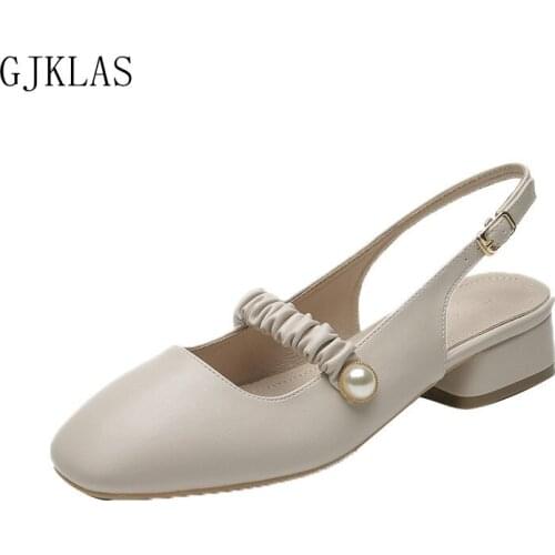 Ladies Party Shoe Chunky Heels Sandals Pumps Low Heel Shoes Women Fashion Close Toe Apricot Block Heels Woman Shoes Sandals