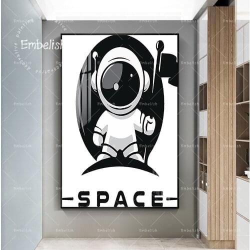 Embelish Cartoon Astronaut With Flag Kids Childrens Living Room Artworks Modern Home Decor HD Canvas Paintings Wall Posters
