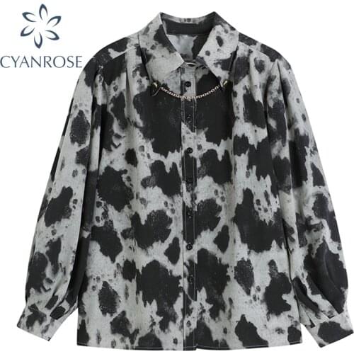 Tie Dye Gothic Punk Blouses And Shirts Women 2021 Spring Long Sleeve Chain Collar Blusas Fashion Streetwear Goth Cardigan Tops