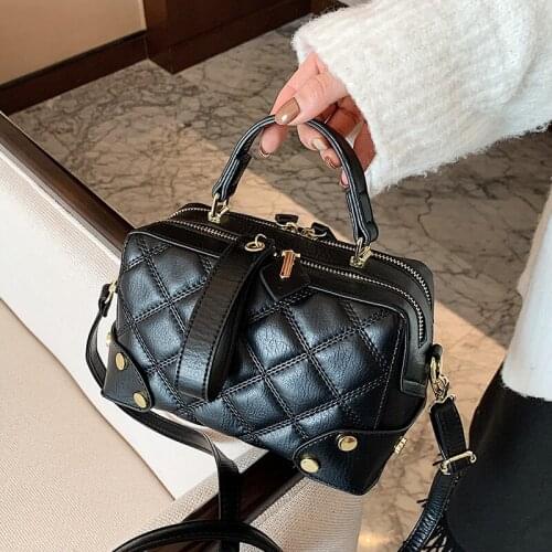 Fashion Black PU Leather Bags Quilted Shoulder Bag Women Small Boston Casual Flap Stylish Handbag