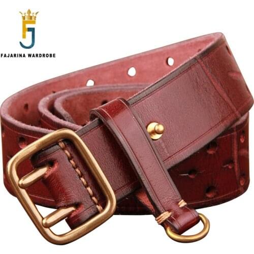 FAJARINA 2018 Unisex Brass Double Pins Buckle Female Retro Belt Top Quality 100% Cowhide Leather Belts for Couples Jeans FJ18012