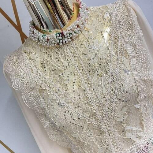 High Runway Quality Fashion Women Office Ladies Autumn Luxury Beading Sequined Lace Patchwork Jacquard Dress