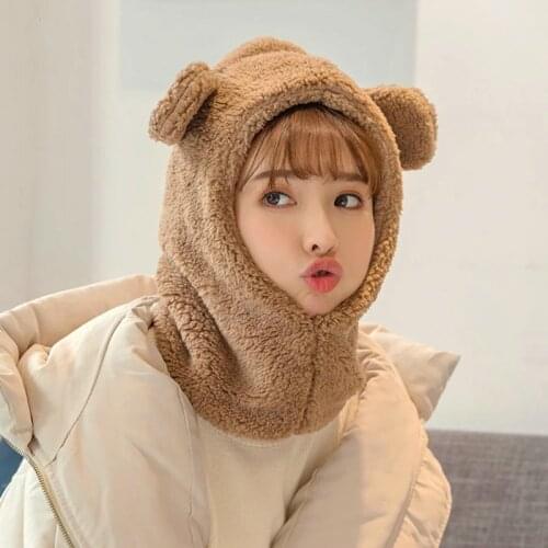 Winter Cute Bear Ears Warm Hat Windproof Neck Scarf Cap Student Women Plus Cashmere Cap