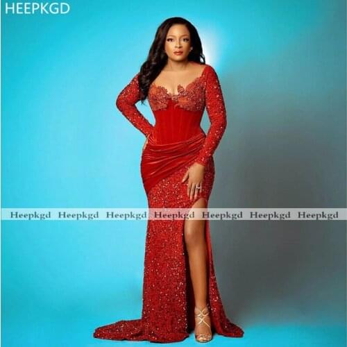 2021 Burgundy Long Sleeves Black Women Prom Dresses Sweetheart Side Slit Sequins Sparkly Occasion Wedding Party Prom Gowns