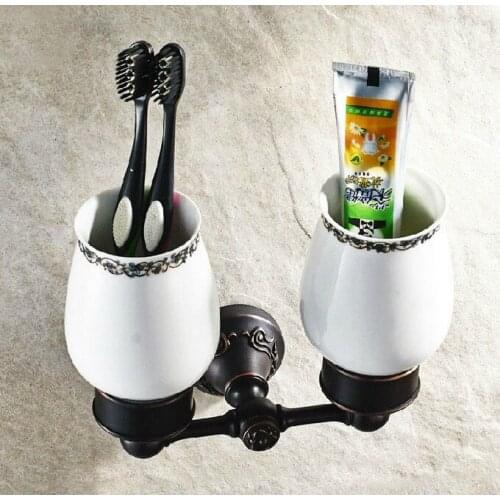 Bathroom Accessories Black Color Oil Rubbed Brass Bath Wall Mounted Bathroom Toothbrush Holder Set Double Ceramic Cups aba451