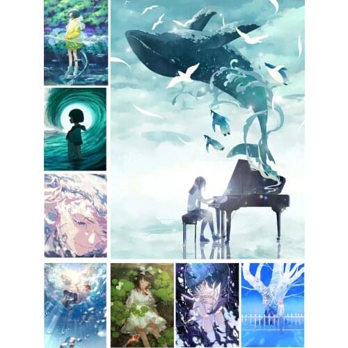 Anime Girls with Blue Whale Diy 5D Diamond Painting Full Square and Round Embroidery Mosaic Wall Art Handmade Home Decor Gifts