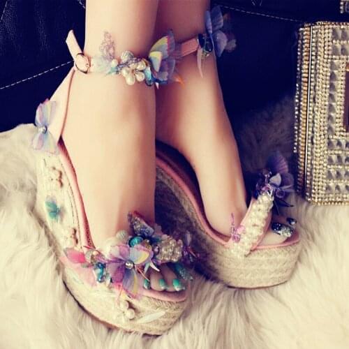 Fariy Applique Butterfly Pearl Studs Wedge Sandals Rhinestone Peep Toe Summer Rope Braid Plattform Ankle Strap Vacation Shoes