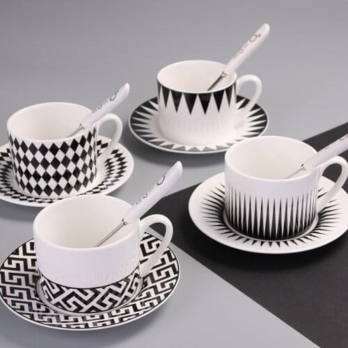 Black and white geometric bone China coffee cup and saucer set simple office European cup and saucer with spoon lunch cup, fashi