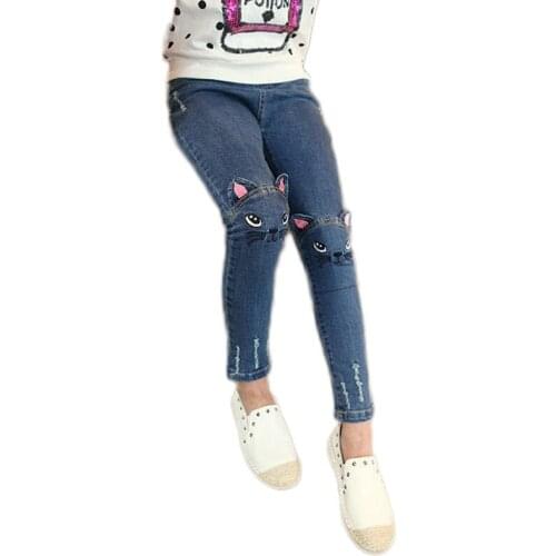2016Cute Cartoon Pattern Kids Jeans Winter Autumn 2 items Lovely Cat High Quality Children Pants Casual trouses Baby Girls Jeans