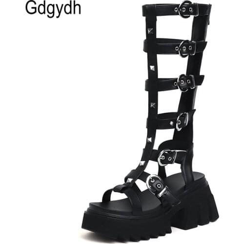 Gdgydh Belt Buckle Strap Black Platform Shoes Punk Gothic Summer Shoes Fashion Rivet Gladiator Platform Sandals Plus Size 43