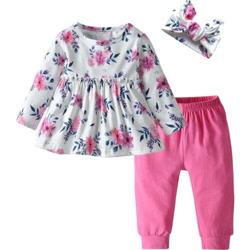 Infant Toddler Baby Girl Clothes Set Floral Tops and Comfy Cotton Pants Headband Autumn Babies Casual indoor Clothing Outfits