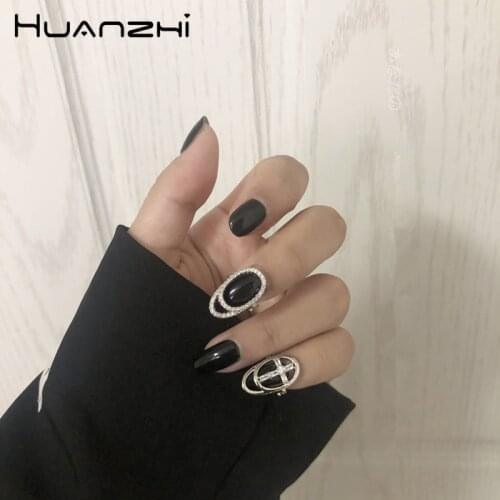 HUANZHI 2020 New Korean Trendy Shiny Rhinestone Inlaid Cross Hollow Geometric Fingertip Nail Ring For Women Girl Accessories