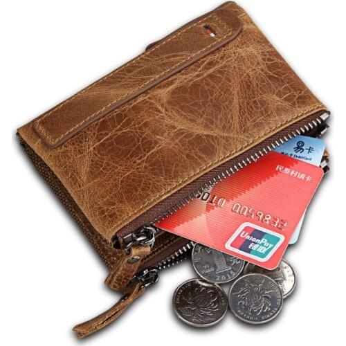 Crazy Horse Cowhide Short Wallet Mens Wallet RFID Anti-theft Brush Double Zipper Large Capacity Coin Purse Card Holder