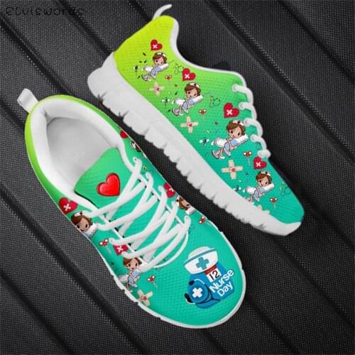ELVISWORDS Gradient Cartoon 3D Nurse Design Pattern Women Flats Shoes Casual Sneakers Woman Summer Air Mesh Lace-up Ladies Shoes