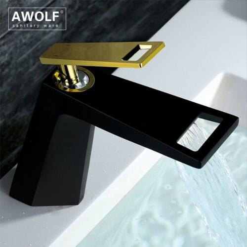 Matt Black Solid Brass Bathroom Basin Faucet Sink Single Hole Waterfall Deck Mounted White & Gold Hot And Cold Mixer Tap ML8126
