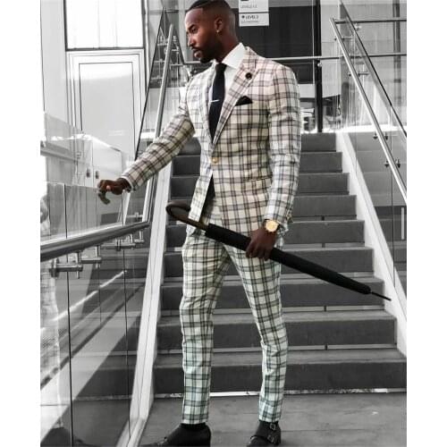 Gentleman Check Mens Suits Plus Size Groom Men Business Pants Suit Tailored Plaid Prom Party Wedding Tuxedos (jacket+pants)