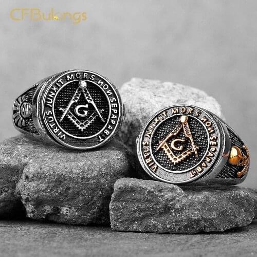 CFBulongs Vintage Stainless Steel Masonic Mens Ring Punk Rock Vikings Skull Badge Ring Men AG Jewelry