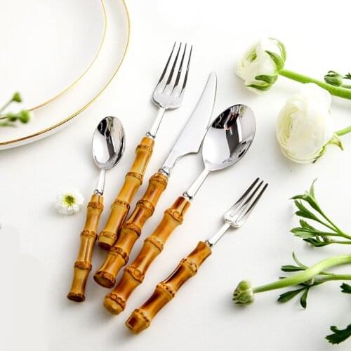 8/16pcs Creative Bamboo Cutlery Sets 304 Stainless Steel Steak Cutlery Tableware set Spoon and Fork，Kitchen Dining Bar