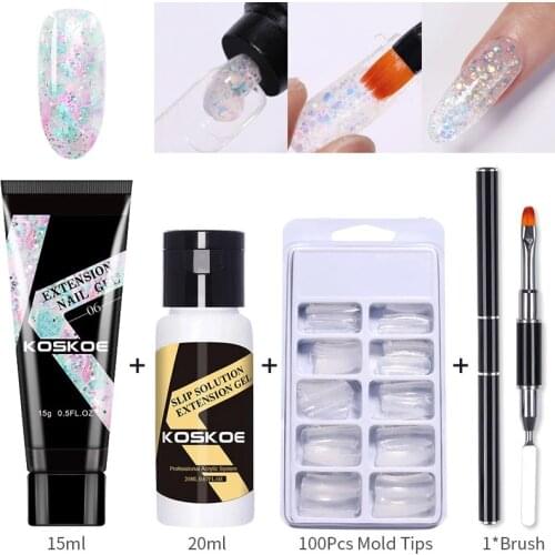 KOSKOE 5/2Pcs Extension Nail Gel Kit Glitter Quick Building Set Fast Building Gel Cuticle Pusher Finger Extend Mold Gel Set